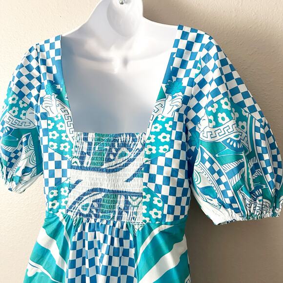 Celina Moon Queen of Hearts Blue Teal Puff Sleeve Midi Dress Women’s Size Medium - Picture 8 of 12